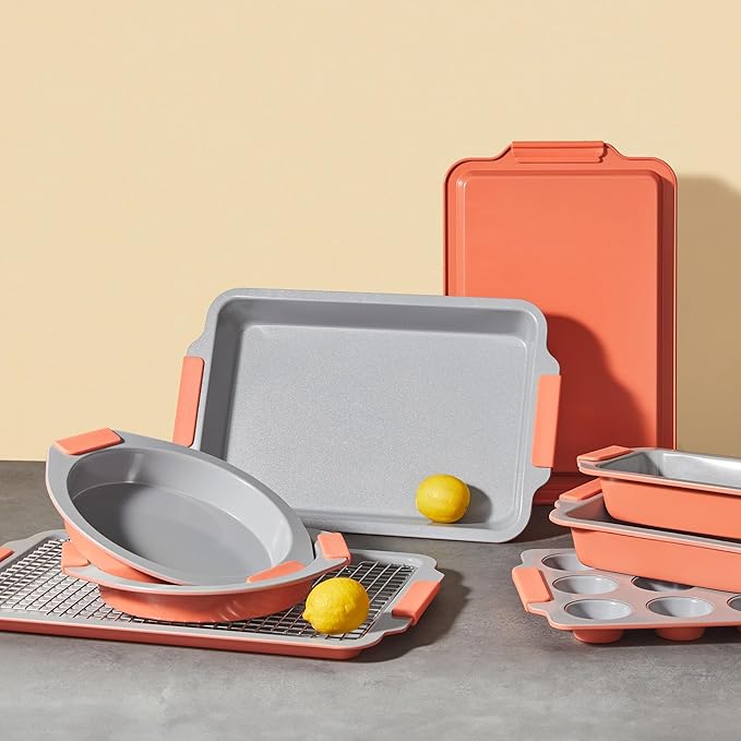 BRONYPRO Nonstick Ceramic Bakeware Set (9 Pieces),Heavy Duty Aluminized Steel Bakeware-Baking Pans Set with Silicone Handles,Includes Sheet Pans,Loaf Pan,Muffin pan,Cake pans,PTFE & PFOA Free - Orange