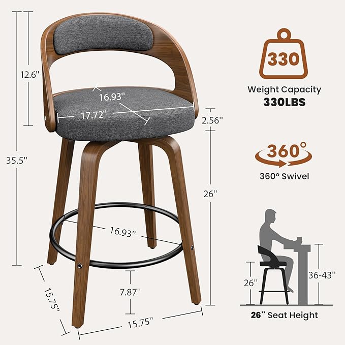 Swivel Bar Stools Set of 6, 26" Counter Height Bentwood Barstool, Mid-Century Modern Upholstered Fabric Bar Chair with Back and Footrest, for Kitchen Island, Bar, Cafe, Dining Room, Grey Linen