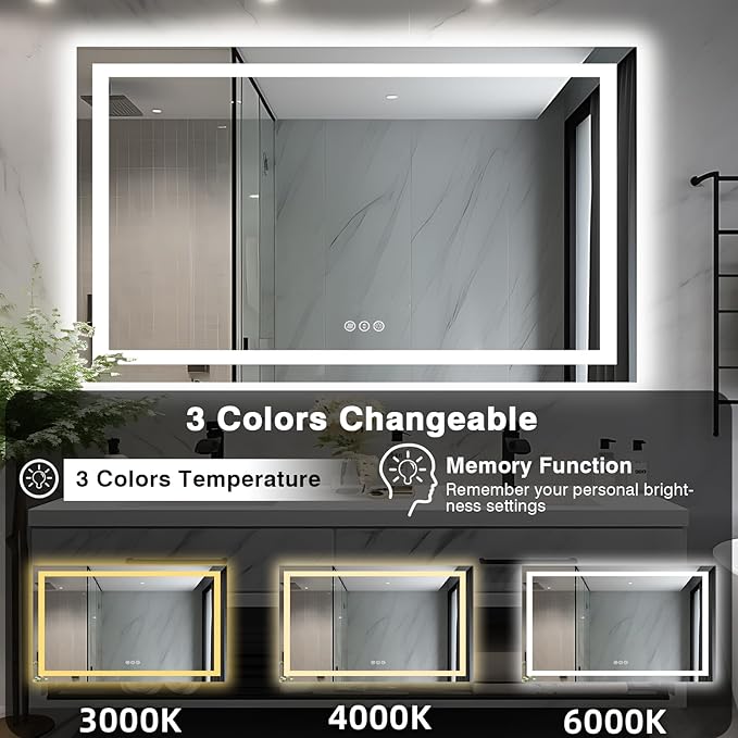 50"x32" LED Lit Bathroom Mirror, Front and Backlit LED Mirror, Anti-Fog Bathroom Mirror with Lights, 3 Colors Stepless Dimmable Mirror, Touch Sense (Horizontal/Vertical)