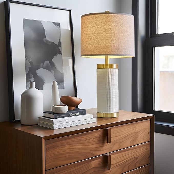 24.5" Modern Ceramic White Single Bedside Lamp for Bedroom Decor Farmhouse Table Lamp for Living Room Office Dorm