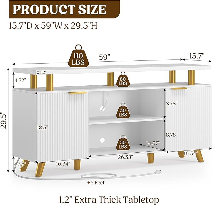 Lulive Luxury Fluted TV Stand for 60/65/70 Inch TV with Power Outlet & LED Light, Modern Entertainment Center with Fluted Panel Design, Modern TV Console Table for Living Room & Bedroom, White