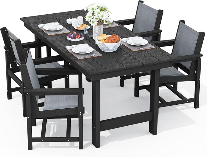 SERWALL 5 Piece Outdoor Dining Table Sets for 4 with 1 Umbrella Hole Cut-Out Rectangular Table and 4 Textilene Chairs, HDPE Dining Table Sets for Garden, Backyard, Poolside, Black