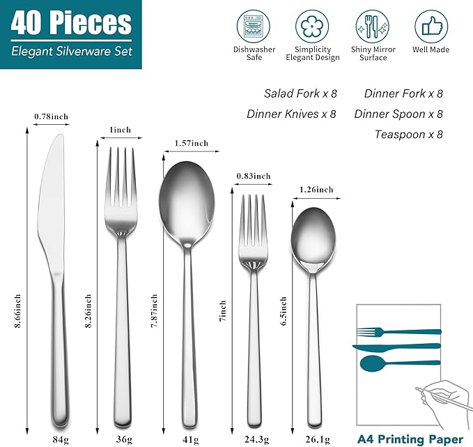 Silverware Set for 8, EIUBUIE 40-Pieces Food-Grade Stainless Steel Flatware Cutlery Sets, Mirror Polished Lightweight Kitchen Eating Utensil Tableware Set Include Forks Spoons Knives, Dishwasher Safe