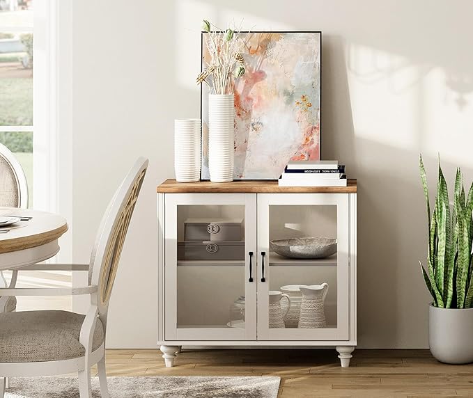 Wampat TV Stand for 43 Inch TV with LED Light, Wood Console Table for Living Room, Buffet Cabinet with Glass Door for Dining Room, Off White