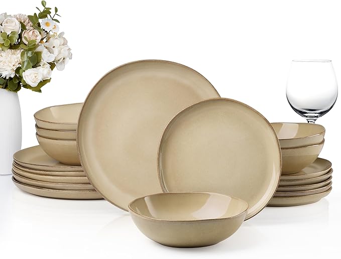 HaWare Plates and Bowls Set, Stoneware Dinnerware Sets, 18-Piece Hand-painted Dishware for 6, Scratch Resistant Ceramic Dinner Set for Home Kitchen, Microwave and Dishwasher Safe, Reactive Sandy Khaki