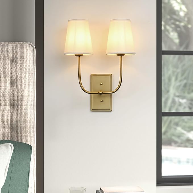 Vintage 2-Lights Wall Sconces with Funnel White Fabric Shades, Double Head Bathroom Vanity Lights Fixture, Indoor Wall Lamps for Bedroom Living Room Hallway Stairway