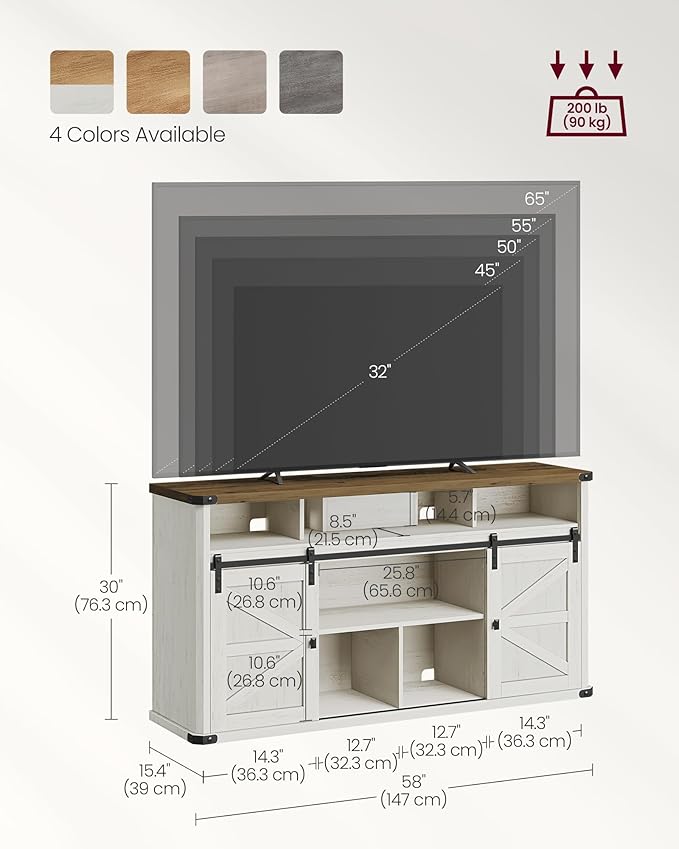 VASAGLE TV Stand for TVs up to 65 Inches, Farmhouse Entertainment Center with Sliding Barn Doors, TV Console Table for Living Room, Rustic White and Honey Brown ULTV322W73