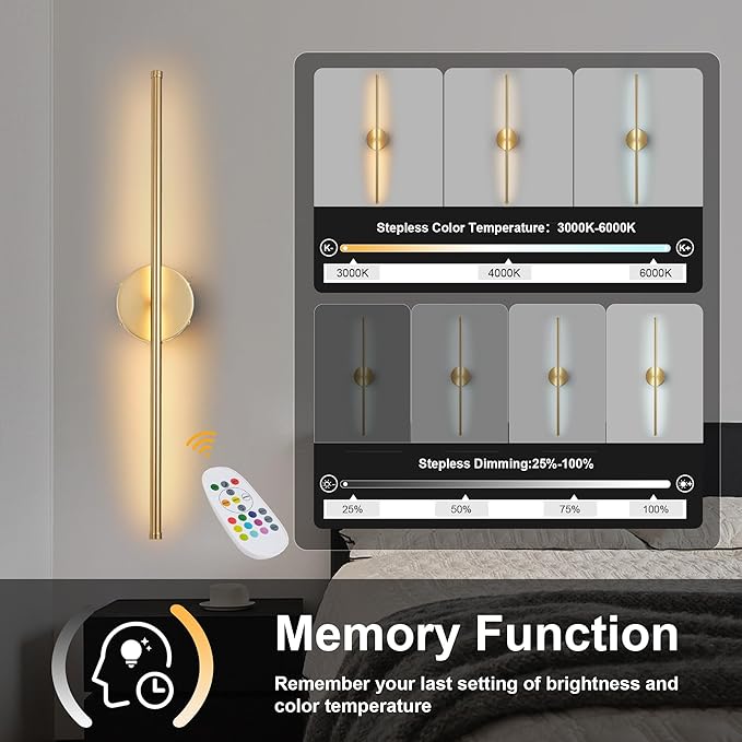 Battery Operated Wall Sconces Set of Two, with Remote Control, Dimmable, Warm White/Natural White/Daylight/RGB, 350°Rotate, LED Gold Wireless Wall Light for Living Room, Bedroom, 28.3 Inch