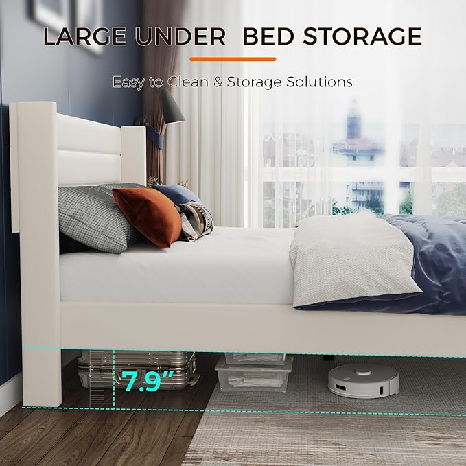 Casaottima Queen Bed Frame Upholstered Platform Bed with Wingback Headboard, Wooden Slats Support, Noise-Free Mattress Foundation, No Box Spring Needed, Easy Assembly, Horizontal Stripe Cream White