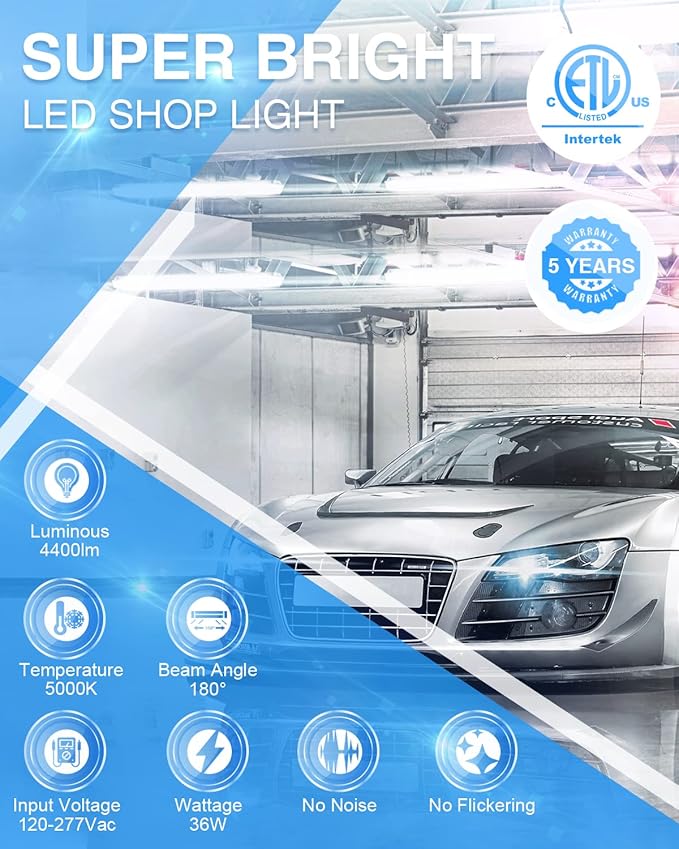 Ensenior 4 Pack Linkable Led Shop Light 4ft for Garage, 4400 High Lumens, 36W Equivalent 280W, 5000K Daylight, 48 Inch Utility Surface or Hanging Mount Fixtures, White, ETL Certified