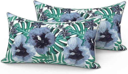 LVTXIII Set of 2 Outdoor Lumbar Pillows for Patio Furniture with White Piping, 12"x20" Fade Resistant Patio Lumbar Pillows with Inserts for Home Coach Sofa Use, Blue Salmone Tropical