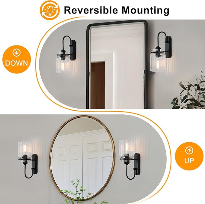 Wall Sconce Set of Two, Bathroom Modern Black Vanity Light Fixture with Clear Glass Shade Indoor Wall Light for Living Room, Bedroom, Hallway, Mirror and Kitchen