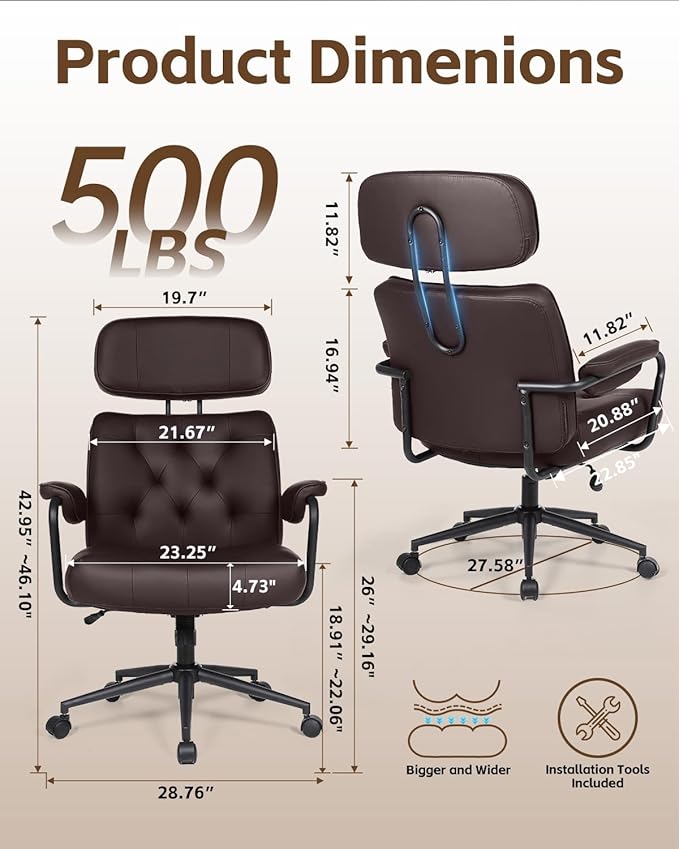 Office Chair Big and Tall 500lbs, Desk Chair Comfy, Oversized Computer Gaming Chair Extra Wide, Executive PU Leather Heavy Duty, High Back Swivel Rocking Chairs with Wheels for Home,Brown