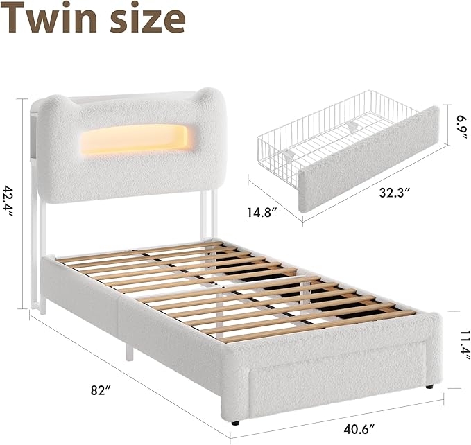 GarveeHome Upholstered Twin Bed Frame with 2-Tier Storage Headboard, LED Platform Bed with Charging Station and Drawer for Kids/Girls/Boys, Heavy Duty Metal Support, No Box Spring Needed, Beige