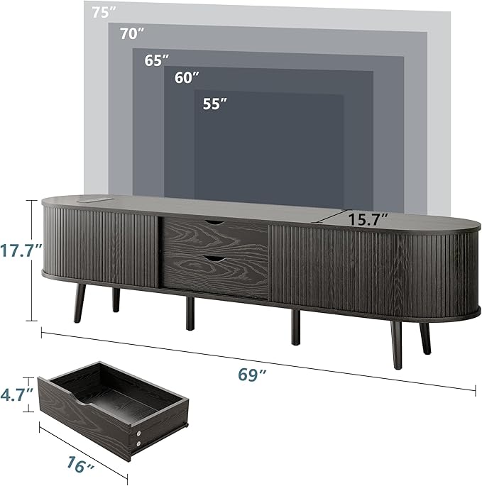 Alohappy 69" Mid Century Modern TV Stand with Charging Station, Farmhouse Curved Edge TV and Media Console Table with Drawer and Shelf, Fluted Entertainment Center for Living Room, Bedroom, Black