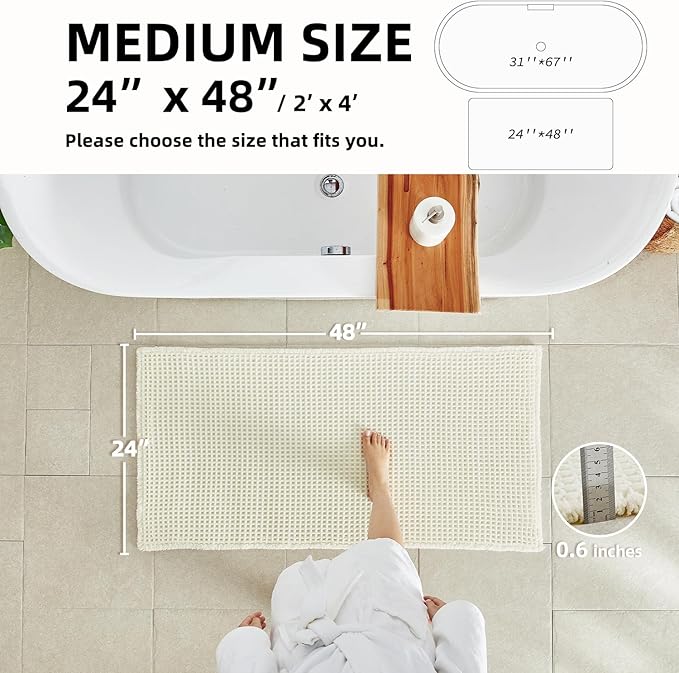 Cream White Bathroom Rugs, Waffle Bath Mat Non Slip Washable Super Absorbent Quick Dry Boho Farmhouse Bathroom Decor, 48"x24" Cream White