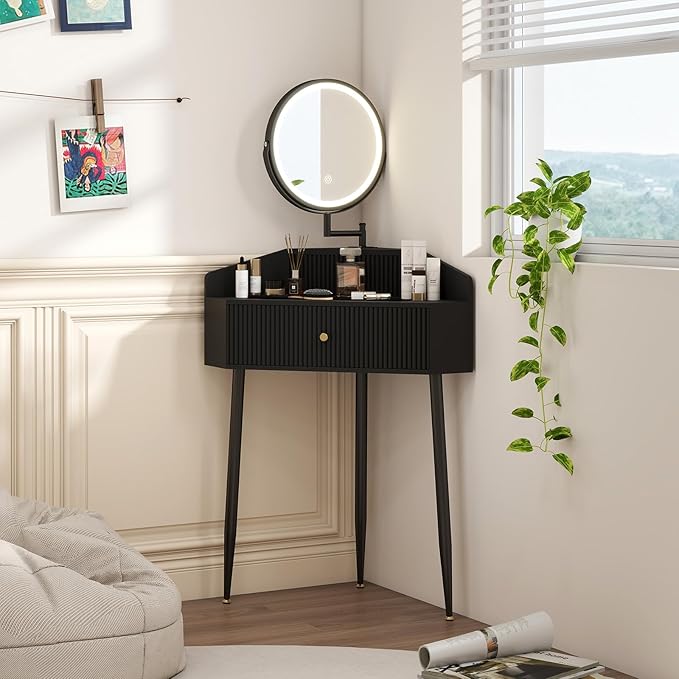ARTETHYS Corner Vanity Desk with Retractable and Rotating Mirror and Lights Small Modern Black Makeup Vanity Set with Glass Top for Women Compact Girls Dressing Table with Storage for Small Space