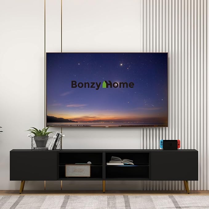 Bonzy Home 86" TV Stand, Modern Entertainment Center for 75" TV, Television Console Table with Storage Cabinets for Living Room, Black