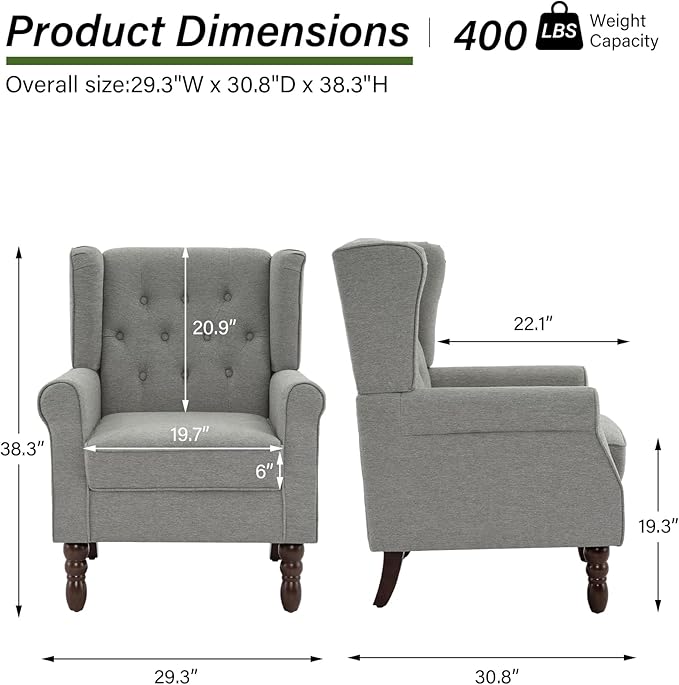 Accent Chair, Upholstered Armchair with Button Tufted High Back & Solid Wood Legs, Comfy Wingback Reading Single Sofa Chair for Small Spaces, Living Room, Bedroom (Light Grey, Set of 1)