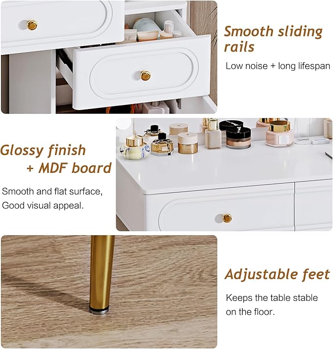 Vanity Desk with Mirror and Lights, with Power Outlet and 10 Lights Modern Capacity Makeup Vanity with 3 Drawers, Makeup Table for Bedroom,Makeup Room,White