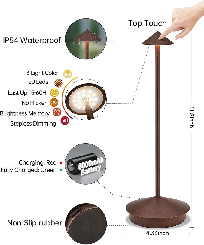 Portable Led Cordless Lamp Table Light 2 Pack, Rechargeable 6000mAh Battery Outdoor Table Lamp for Dinning Restaurant Patio Bedroom Camping, IP54 Waterproof, Dimmable
