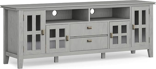 SIMPLIHOME Artisan SOLID WOOD 72 Inch Wide Contemporary TV Media Stand in Fog Grey for TVs up to 80 Inches, For the Living Room and Entertainment Center