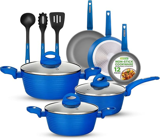 NutriChef 12-Pc Blue Nonstick Cookware Set - Professional Pots & Pans with Durable Coating, All Cooktops Compatible, Including Induction
