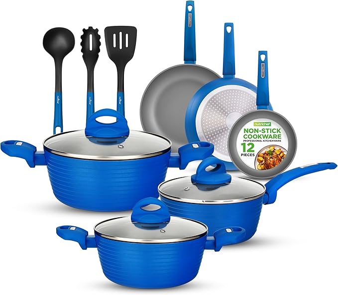 NutriChef 12-Piece Nonstick Kitchen Cookware Set - PFOA/PFOS-Free Heat Resistant Lacquer Kitchen Ware Pots Pan Set Light Gray/Blue - Saucepot, Pans, Cooking Pot Oven Pot, Lid, Utensils
