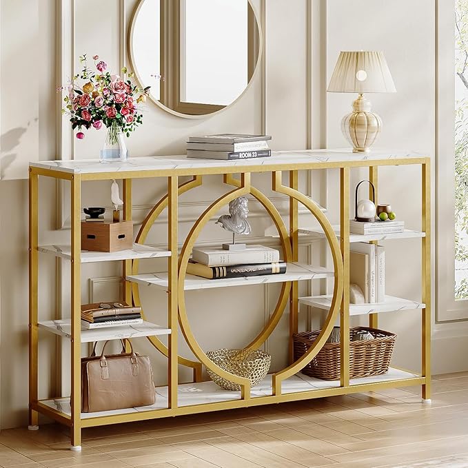 GiftGo 47" Industrial Console Tables for Entryway Rustic Sofa Table Behind Couch 4 Tier Wooden Shelves Entry Table with Storage for Foyer, Hallway, Front Door,Living Room (White Gold, 47")