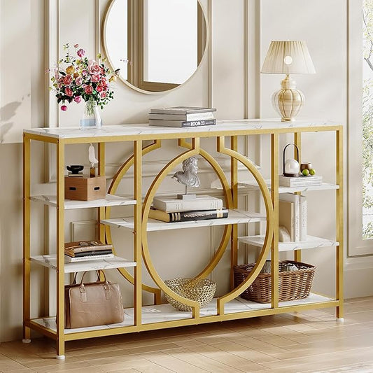 GiftGo 47" Industrial Console Tables for Entryway Rustic Sofa Table Behind Couch 4 Tier Wooden Shelves Entry Table with Storage for Foyer, Hallway, Front Door,Living Room (White Gold, 47")