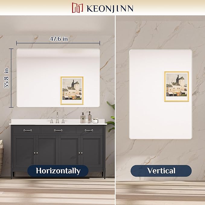 Keonjinn 48 x 36 Brushed Nickel Bathroom Vanity Mirror, Large Rounded Rectangle Bathroom Mirrors for over Sink, Metal Framed Silver Mirror for Wall, Shatterproof HD Tempered Glass(Horizontal/Vertical)