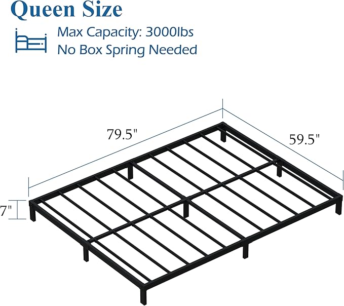 7 Inch Queen Bed Frame Heavy Duty Low Profile Metal Platform No Box Spring Needed, Maximum Storage, Easy to Assembly, Noise Free, Black