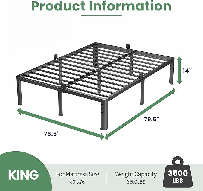 NKZ 14 Inch King Bed Frame, Sturdy Metal Platform with Round Corner Legs, 3,500 lbs Heavy Duty Steel Slat Support, Easy Assembly, Noise Free, No Box Spring Needed