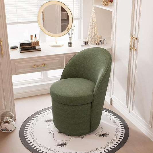 YOUNIKE Vanity Bench Boucle Fabric Green Solid Wood Swivel Accent Chair with Backrest Easy Assembly Dressing Stool for Bedroom & Makeup Room
