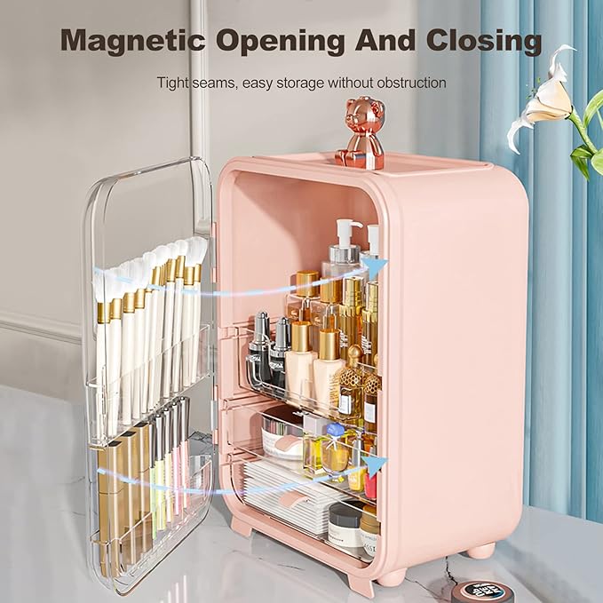 Ergocar Portable Pink Bear Series Multi-Function Make Up Case Dustproof Cosmetic Storage Box, Cosmetics Skin Care Products Jewelry Organizer Case Lipstick Box With LED Light - Pink