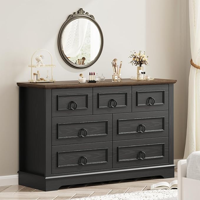 LIKIMIO Black Dresser for Bedroom, 47.2" W Farmhouse 7 Drawer Dresser with Round Metal Handle, Thickened Desktop, Wood Rustic Chest of Drawers for Hallway, Entryway