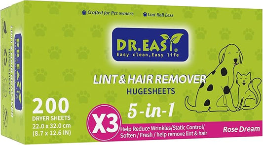 r.Easy LINT & HAIR REMOVER Pet HUGESHEETS with 3X Dryer Sheets, Rose Dream, 200 Count,PLANT&MINERAL-BASED FORMULA