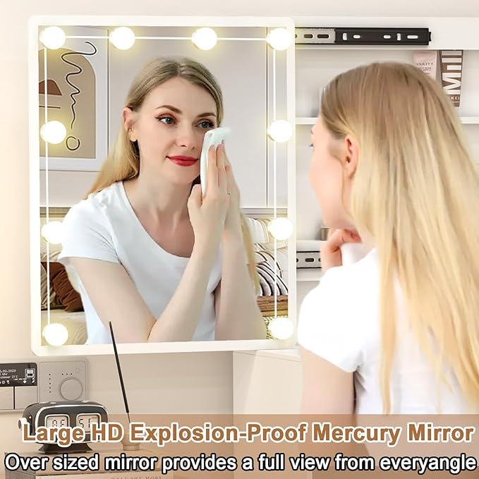 Vanity Desk with Makeup Mirror and Light, Makeup Dressing Table with 5 Drawers and Cushioned Stool for Bedroom, White Dressing Desk for Bedroom