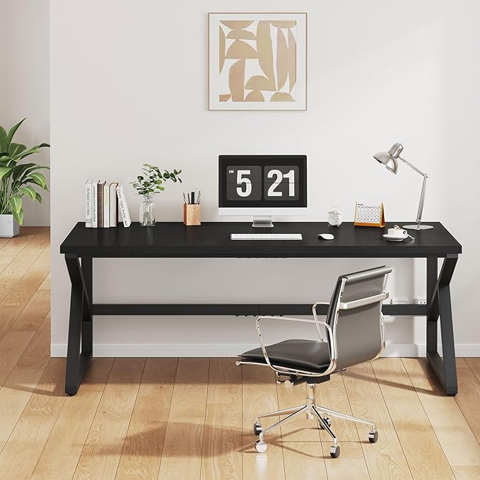 IBF Long Black Computer Desk, Large Executive Office Desk for 2 People Work Writing Study, 70 Inch Industrial Metal Wood Dual Monitor Desk Workstation, Modern Simple Double PC Gaming Table in Bedroom
