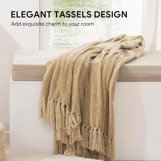 RECYCO Throw Blanket Soft Cozy Chenille Throw Blanket with Fringe Tassel for Couch Sofa Chair Bed Living Room Gift (Beige, 50" x 60")