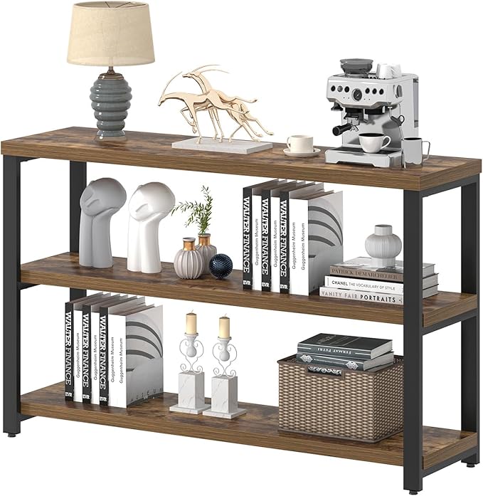 EXCEFUR Industrial Sofa Console Table, Entryway Table with 3 Tier Wood Storage Shelves, Foyer Table for Living Room Hallway Behind Couch, Rustic Brown