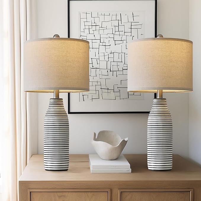 25" Ceramic Table Lamps Set of 2 Beside Lamps for Living Room Modern Bedroom Lamps for Night Stands with Rotary Switch Black and White Stripes