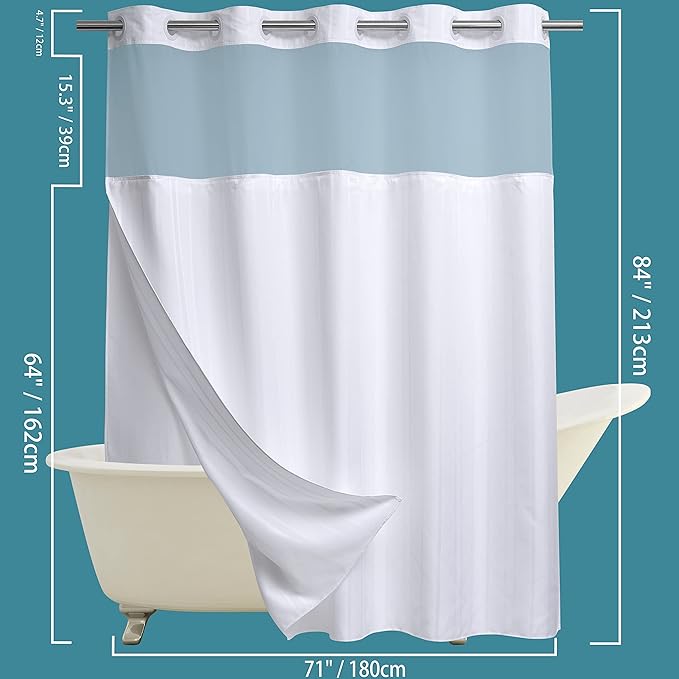 Extra Long No Hook Waffle Weave Shower Curtain with Snap in Liner Set, Hotel Luxury White Shower Curtains for Bathroom with See Through Top Window, Waterproof, Washable 71W x 84H Stripe