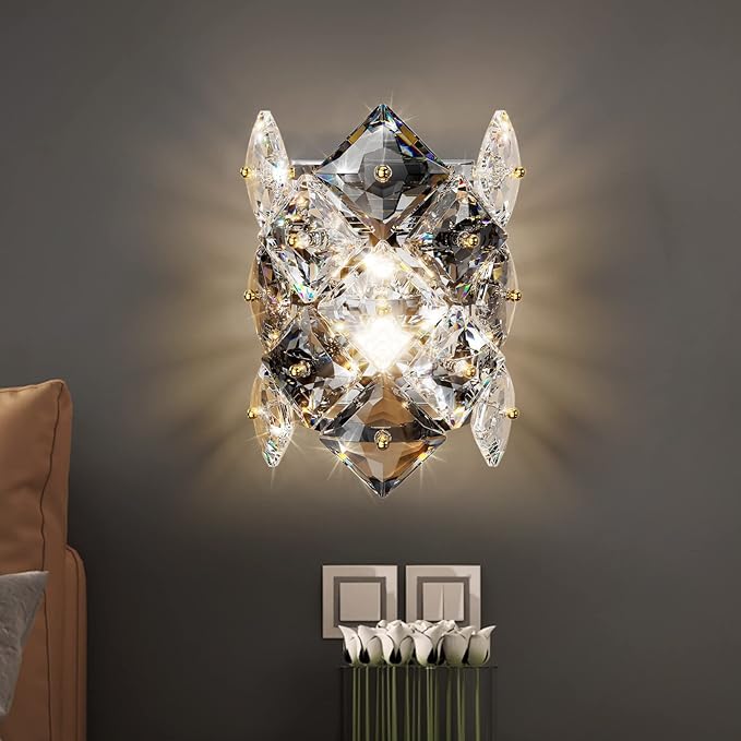 Modern Crystal Wall Sconces,Chrome Wall Light Fixtures,Luxury Indoor Wall Lamp,K9 Crystal Vanity Wall Mount Lamps,Industrial Sconce Lighting for Bathroom Living Room,Bedsides,Hallway,Bedroom