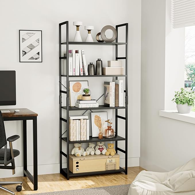 OTK 5 Tier Bookshelf, Tall Bookcase, Office Shelf Storage Organizer, Modern Book Shelf for Living Room, Bedroom, and Home Office, Carbon