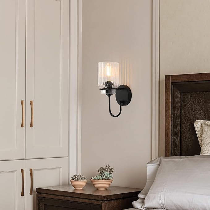 Modern Farmhouse Wall Sconces Set of 2, Black Bathroom Sconces with Clear Glass Shade, Vanity Lights for Bedroom Living Room Bathroom Hallway Stairwell