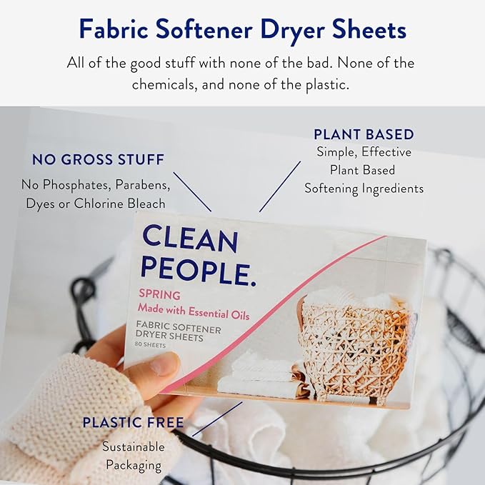 The Clean People Fabric Softener Dryer Sheets - Softens & Removes Static Cling - Vegan - Made with Essential Oils - Spring Scent, 120 Sheets
