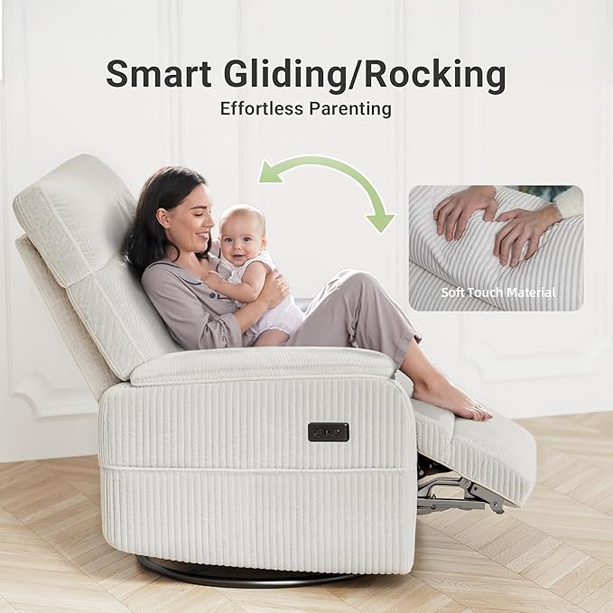 Claiks Power Swivel Rocker Recliner Chair, Oversized Recliner Chairs for Adults, Corduroy Overstuffed Reclining Chair with USB and Type-C Ports for Living Room, White