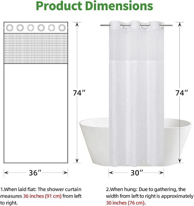 stall no Hook Tufted Shower Curtain with snap in Liner Set, White Waterproof Fabric Inner Liner,Boho Style Shower Curtain with See Through top Window, White, 36Wx74H