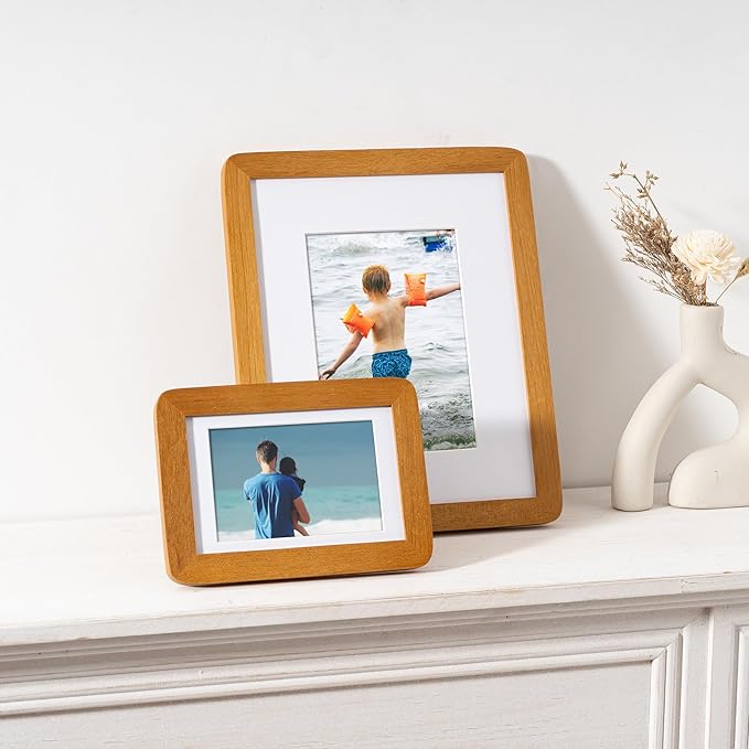 5x7 Picture Frame - Solid Teak Wood 5 x 7 Photo Frame, 5''x7'' Frame With Mat For 4x6, Tabletop and Wall Display, Hanging Hardware Included, 5 By 7 Picture Frame Wood, Natural Teak